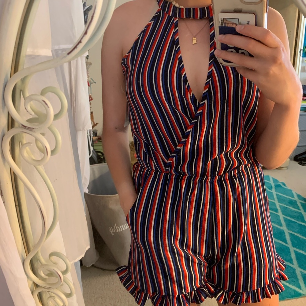 Blue and Red Striped Romper